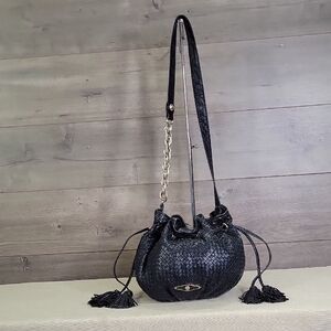 Elliott Lucca Black Woven Leather Drawstring Crossbody Bag